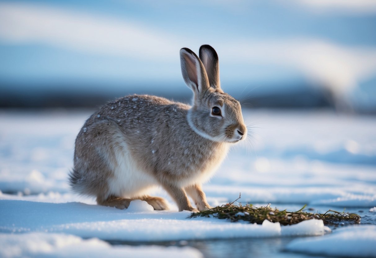 An Arctic hare with thick fur and plump body, surrounded by snow and ice, foraging for food in the tundra