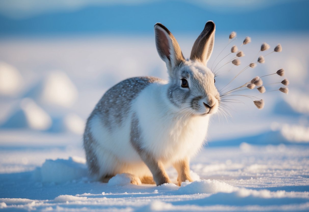 An arctic hare molts its thick white fur, scattering tufts across the snow-covered tundra
