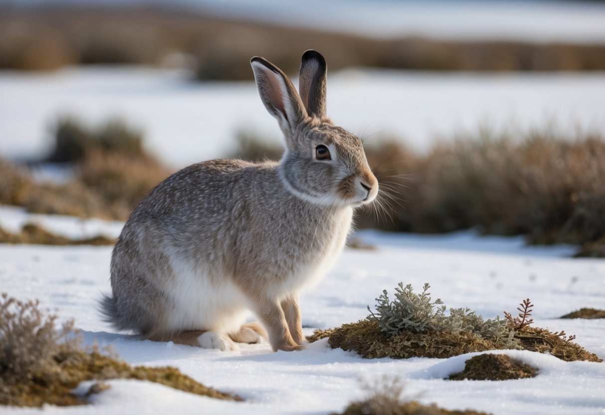 An arctic hare sits in a snowy landscape, surrounded by patches of vegetation. It nibbles on lichen and grass, with its thick fur and plump body indicating its 20% body fat for insulation and energy storage