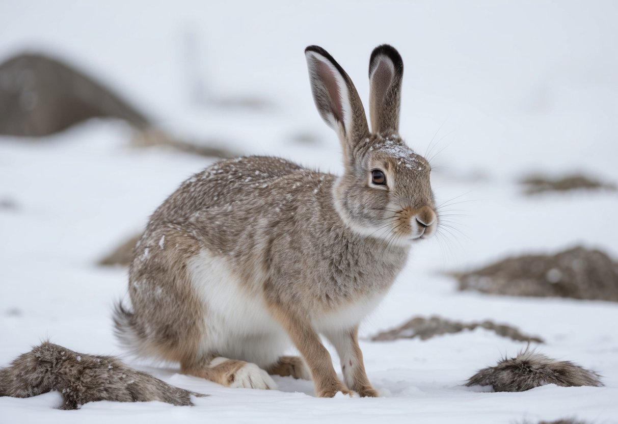 An arctic hare molting its fur in a snowy landscape, surrounded by patches of shed fur and showing signs of new growth