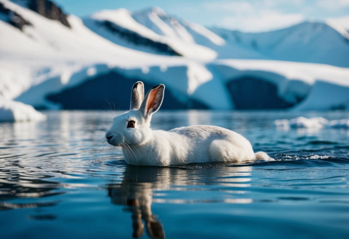 An arctic hare swims across a frigid, icy pond, its white fur contrasting against the dark water. Snow-capped mountains loom in the background as the hare navigates through the chilly waters
