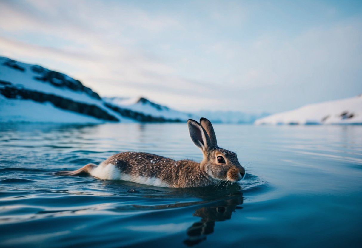 An arctic hare swims gracefully through icy waters, surrounded by snowy landscapes and frozen tundra