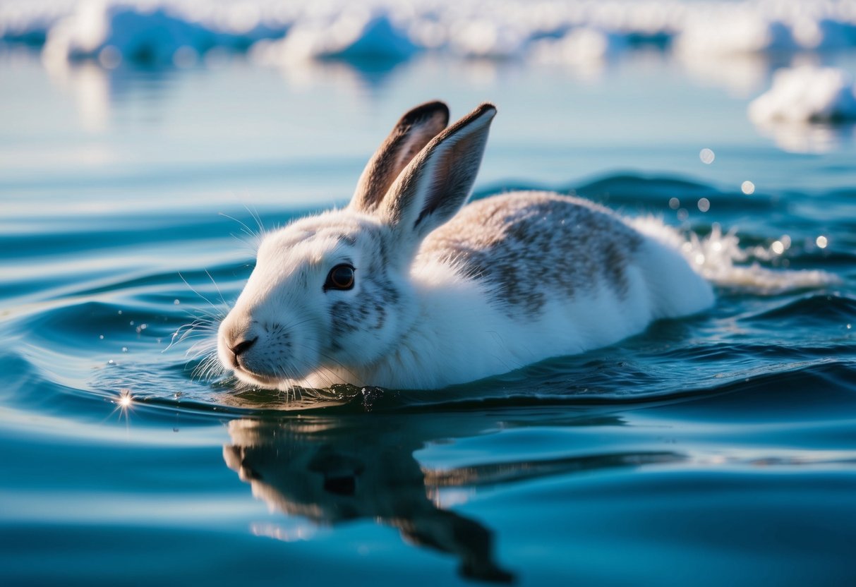 An arctic hare swims gracefully in icy waters, its fur glistening in the sunlight as it effortlessly glides through the frigid depths