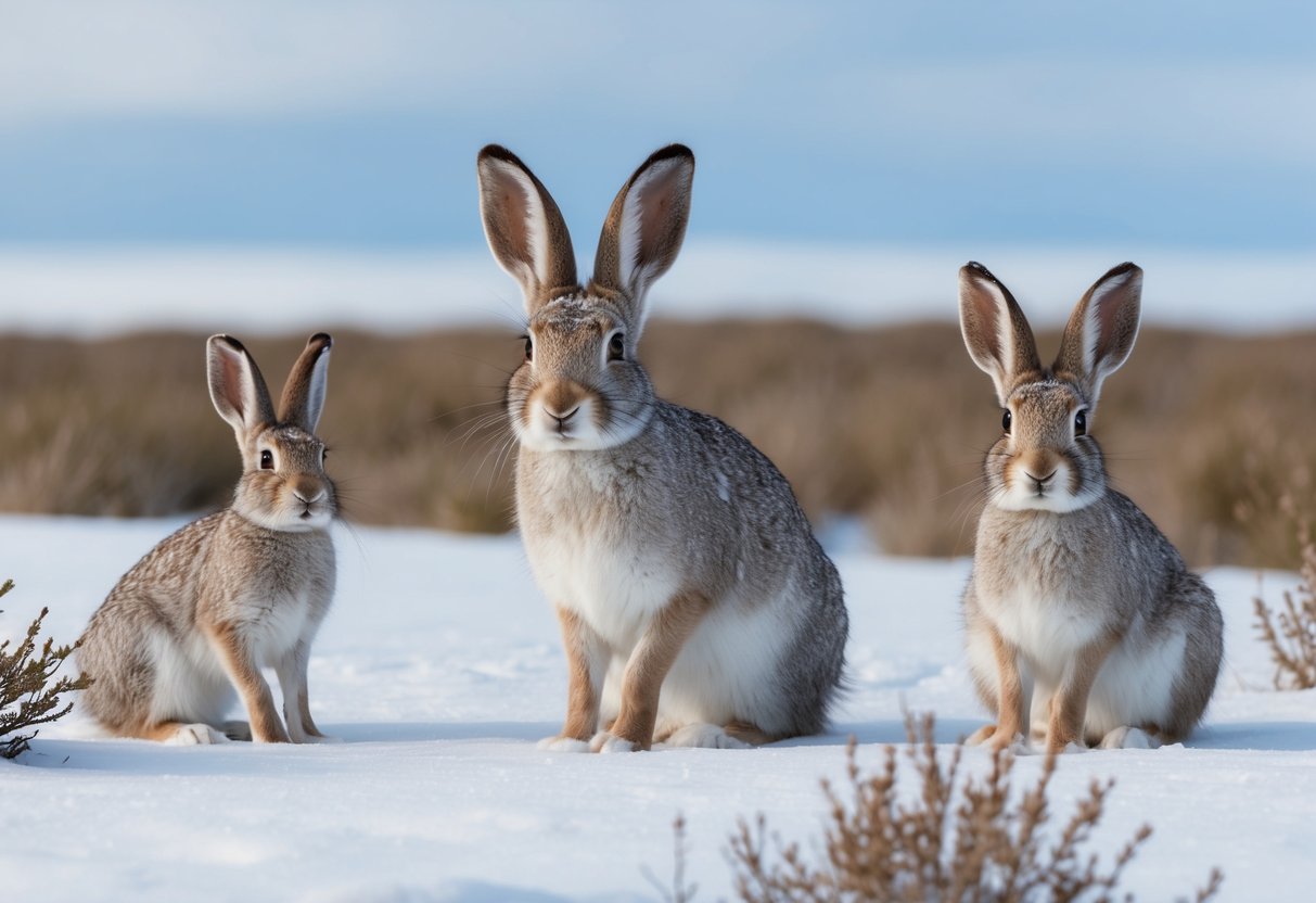 An Arctic hare with small ears sits in a snowy landscape, surrounded by grass and shrubs. It is depicted in different stages of its life cycle, from birth to adulthood