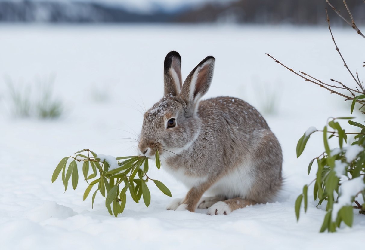 An arctic hare nibbles on arctic willow leaves in a snowy landscape