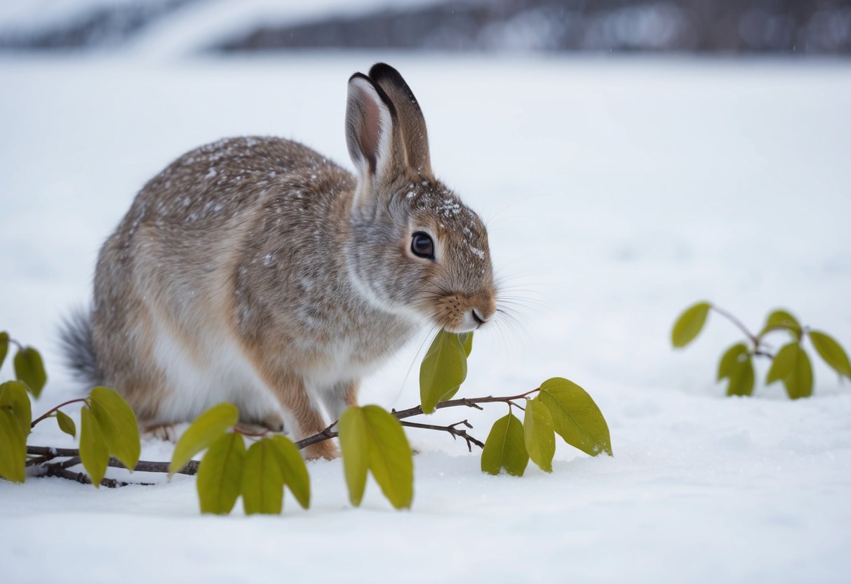 An arctic hare nibbles on arctic willow leaves in a snowy landscape