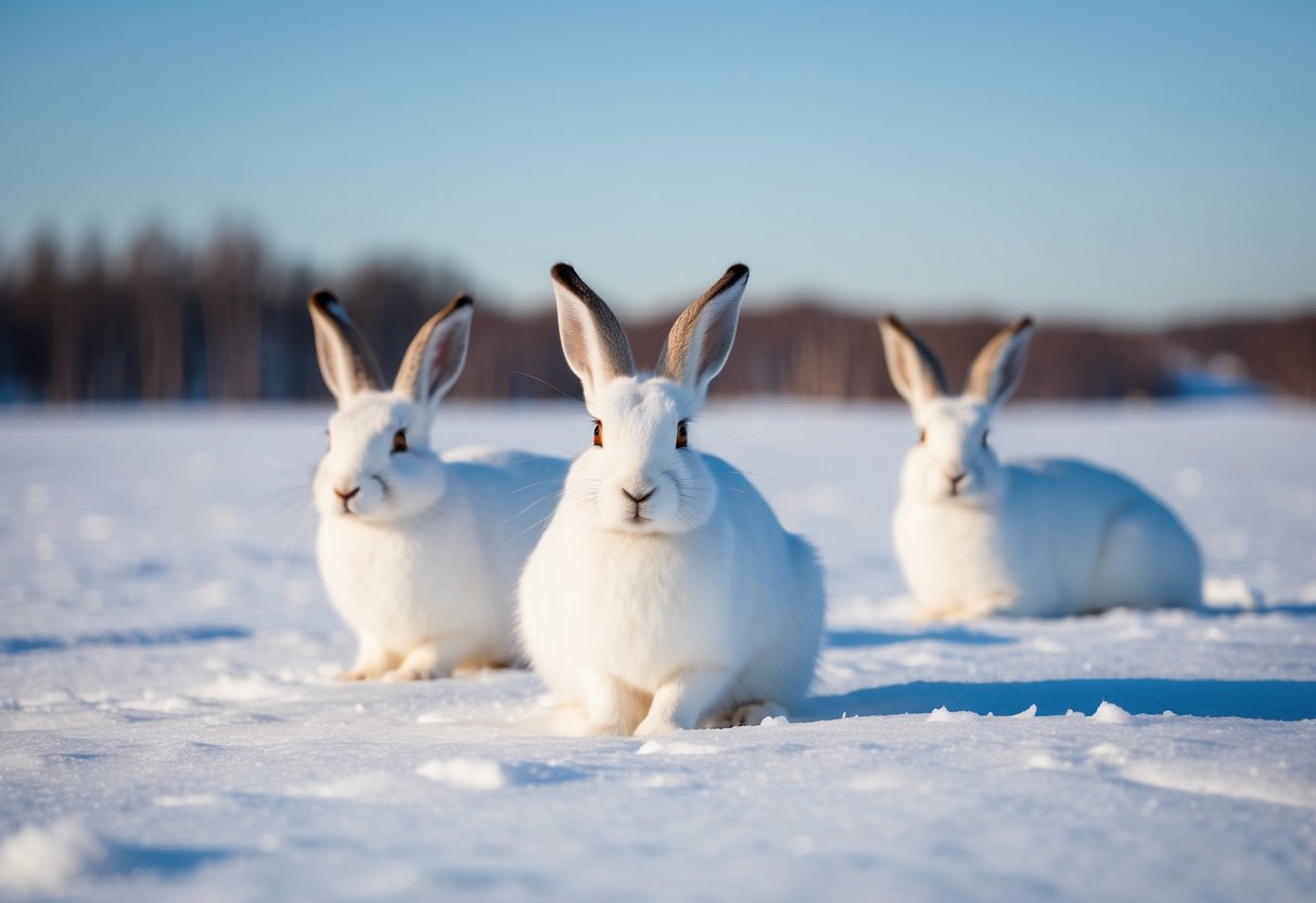 In winter, white arctic hares blend into snowy landscape