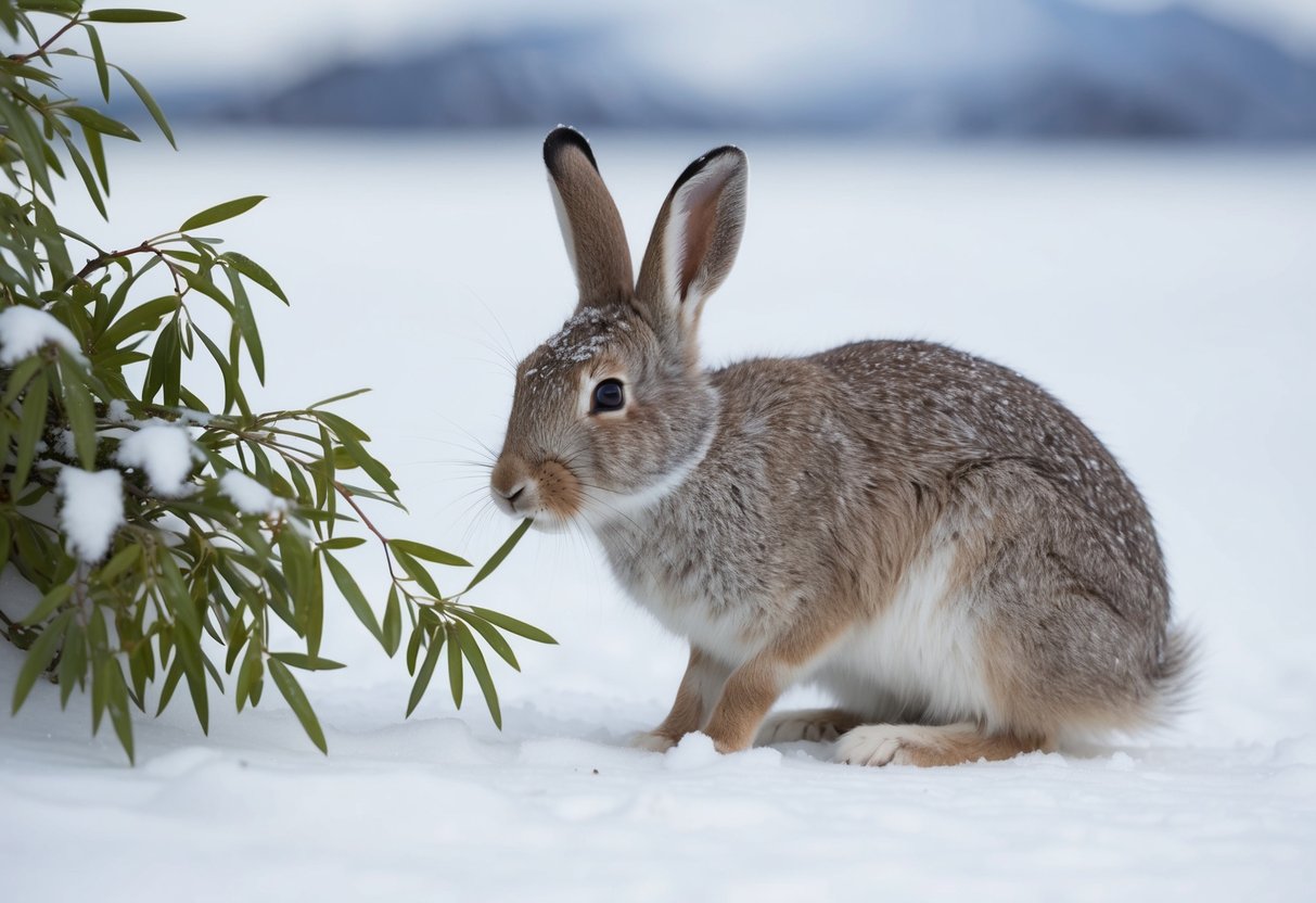 An arctic hare nibbles on arctic willow leaves while keeping a watchful eye for predators in the snowy tundra