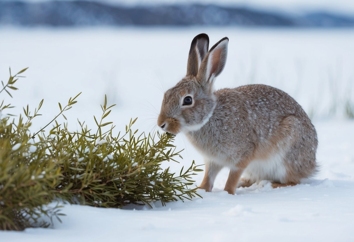 An arctic hare nibbles on arctic willow, surrounded by a snowy landscape