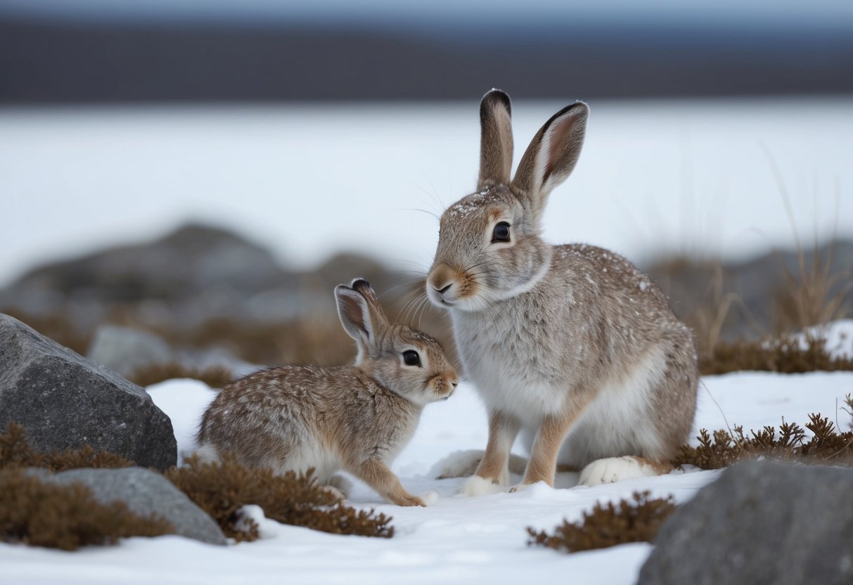 An arctic hare stays close to its mother in a snowy landscape, nestled among rocks and sparse vegetation