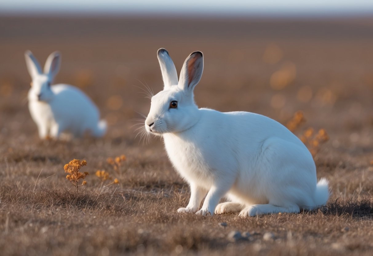 In autumn, the white Arctic hares change color to blend in with the snowless tundra