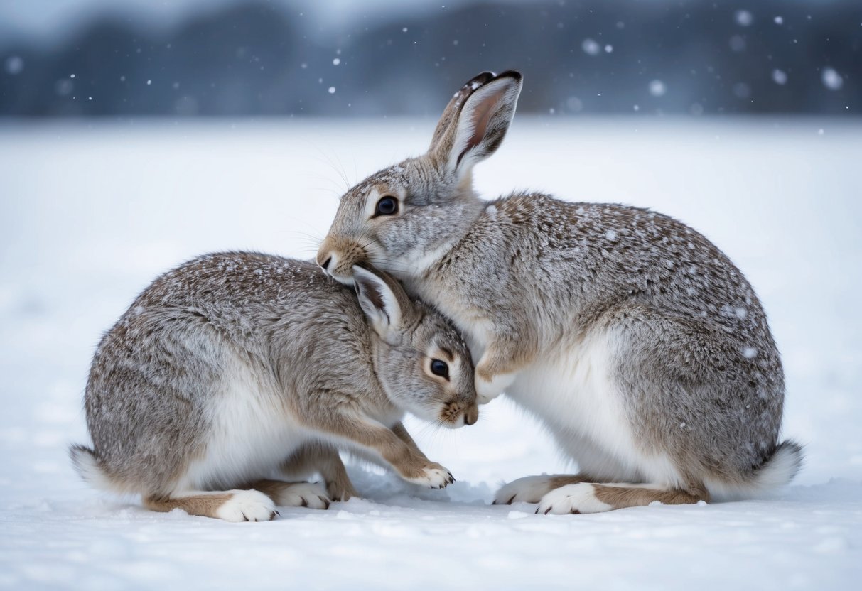 An arctic hare and its mother huddle together in a snowy landscape, their fur blending in with the icy surroundings
