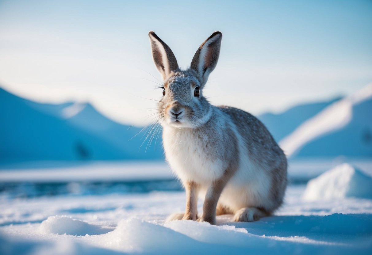 An arctic hare with long eyelashes stands on snowy tundra, surrounded by ice and snow-covered mountains under a pale blue sky