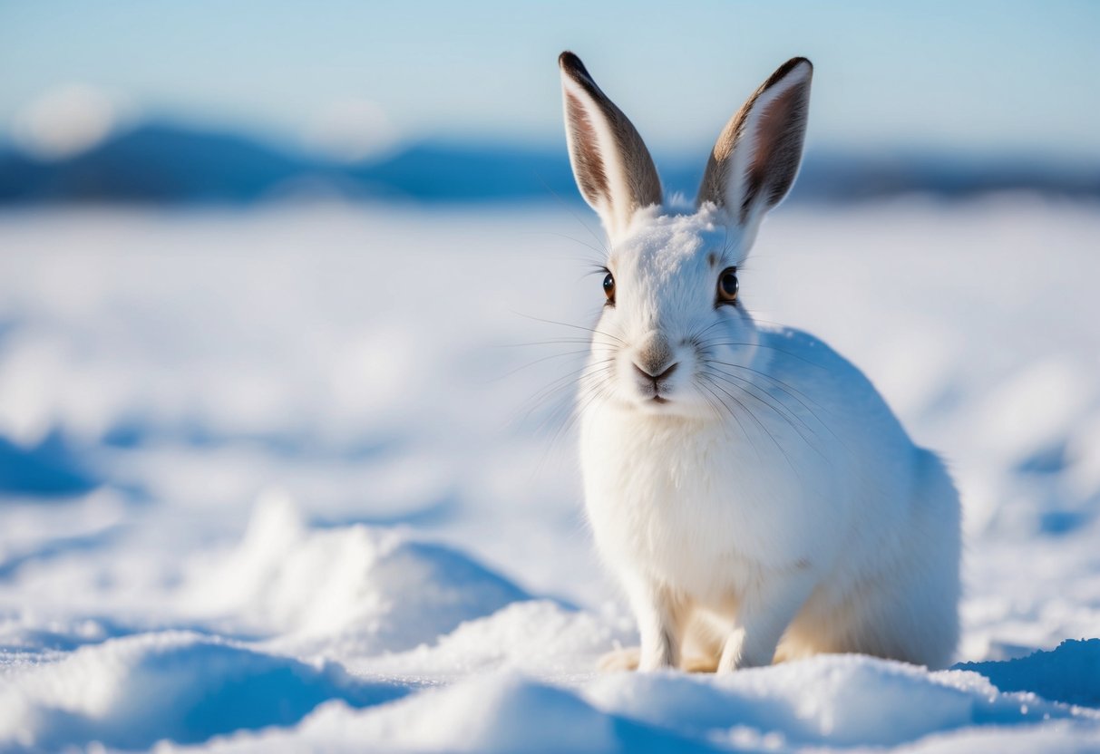 An arctic hare uses its large, round eyes to scan the snowy landscape for predators while its white fur blends in with the icy surroundings