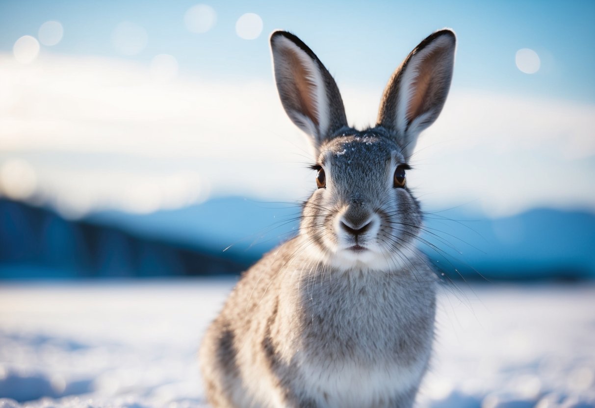 An arctic hare with long eyelashes standing in a snowy landscape