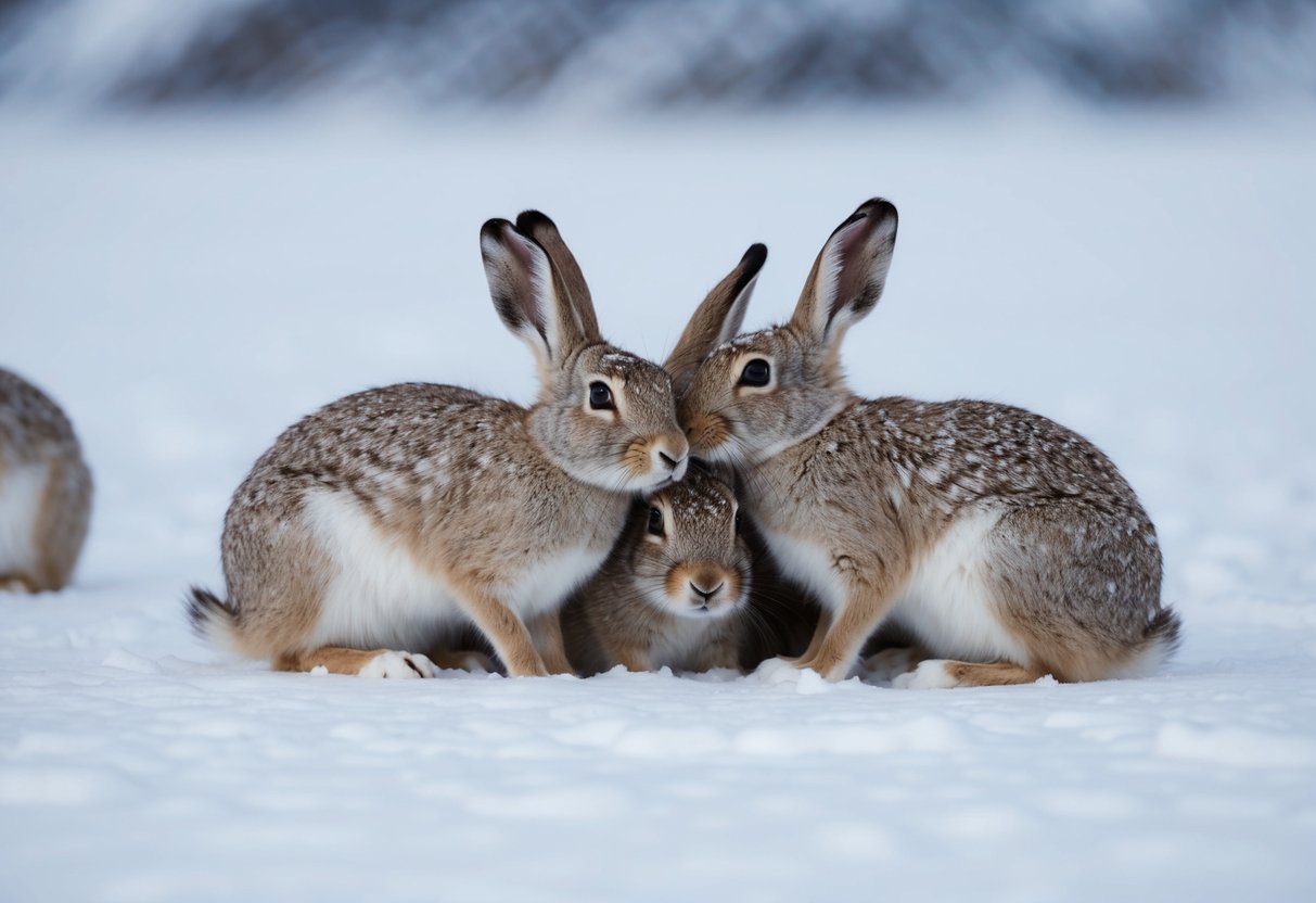 An arctic hare uses its eyes to scan the snowy landscape for predators while huddled in a group with other hares