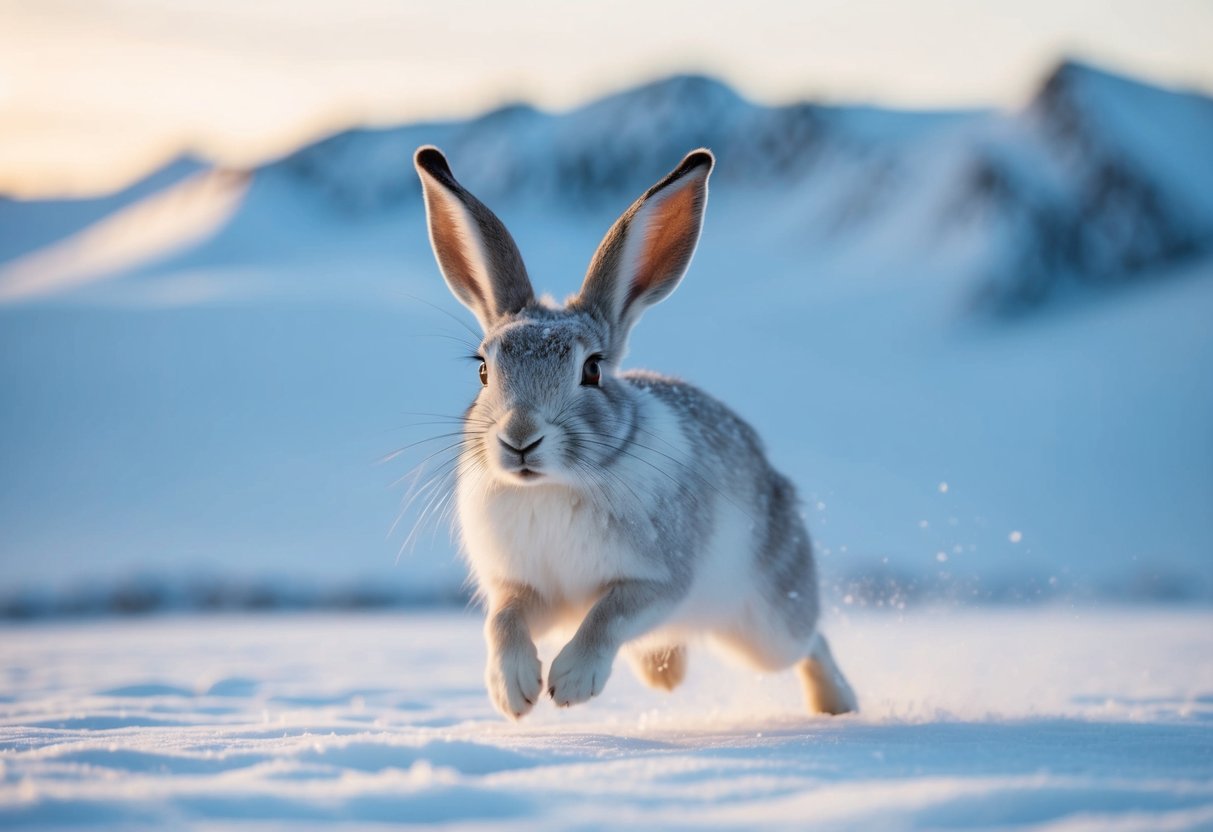 An arctic hare with long eyelashes hops through a snowy tundra with icy mountains in the background