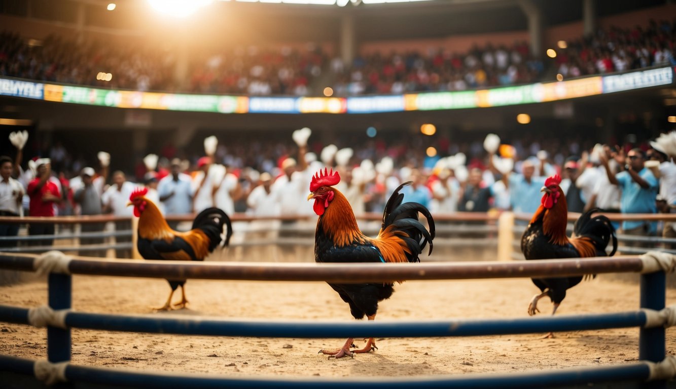 Sebuah arena sabung ayam resmi yang ramai dengan penonton yang bersorak dan ayam jantan di tengah ring