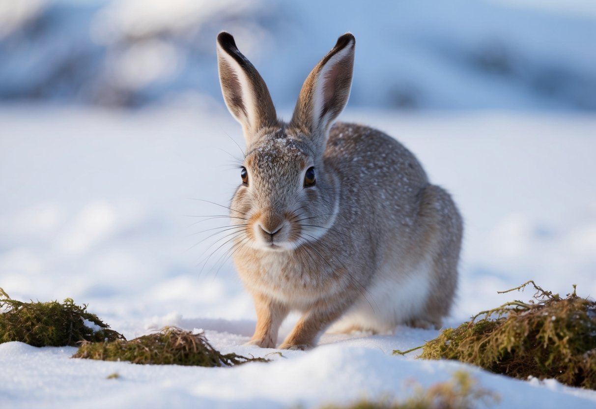 An arctic hare uses its eyes to scan the snowy landscape for predators while foraging for moss and lichen