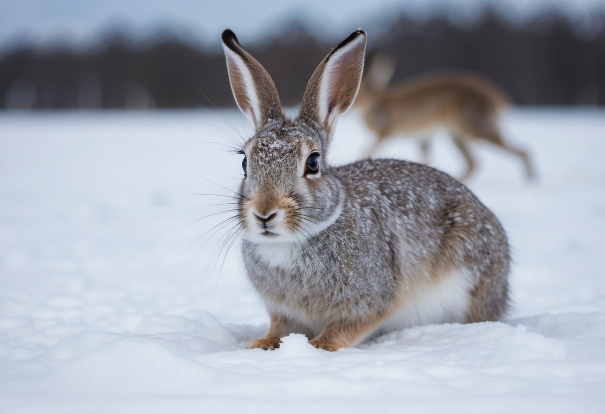 An arctic hare with long eyelashes, surrounded by snowy landscape, being watched by a lurking predator