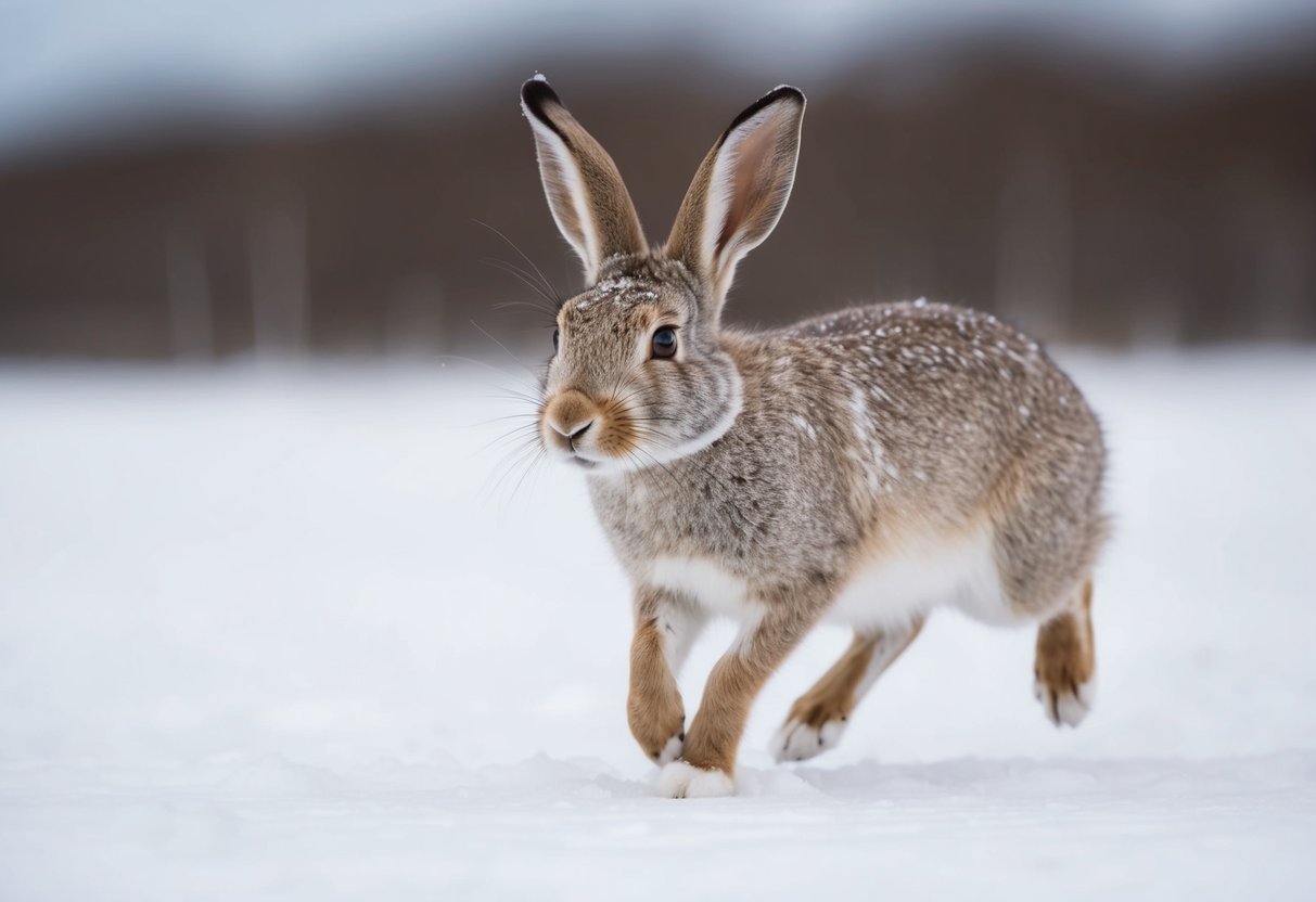 An arctic hare hops through a snowy landscape, its long ears perked up