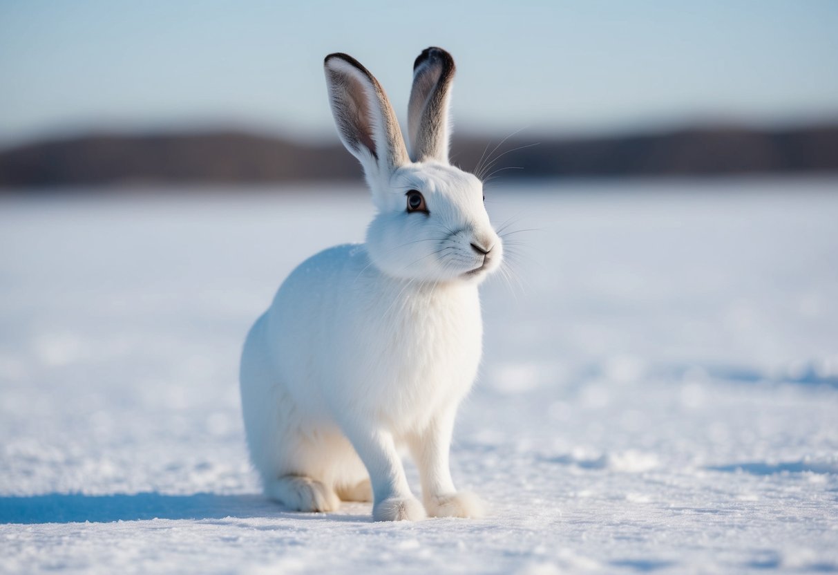 An Arctic hare stands on a snowy tundra, its white fur blending with the icy landscape. Its long ears perk up, giving it a curious and alert expression