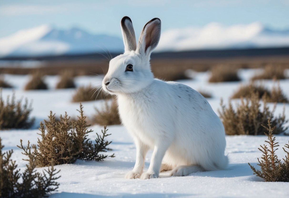 An Arctic hare with white fur and long ears sits in a snowy landscape surrounded by tundra plants and a distant mountain range