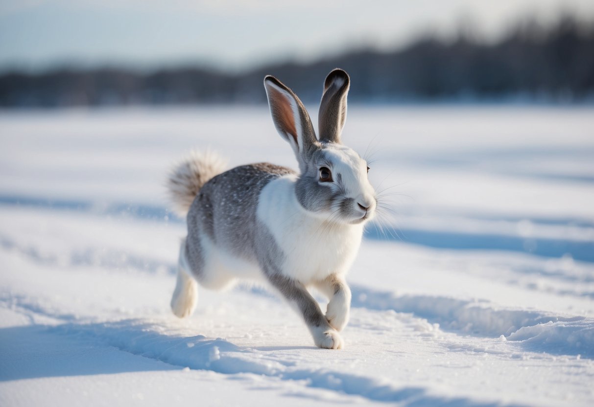An arctic hare hops through a snowy landscape, surrounded by white and gray fur, with a small, fluffy tail and long ears