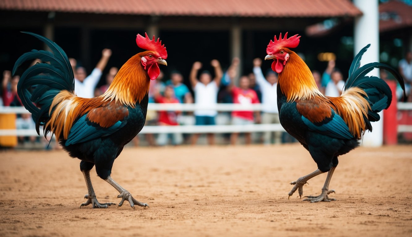 Dua ayam jantan berhadapan di arena sabung ayam tradisional Indonesia dengan penonton bersorak di latar belakang