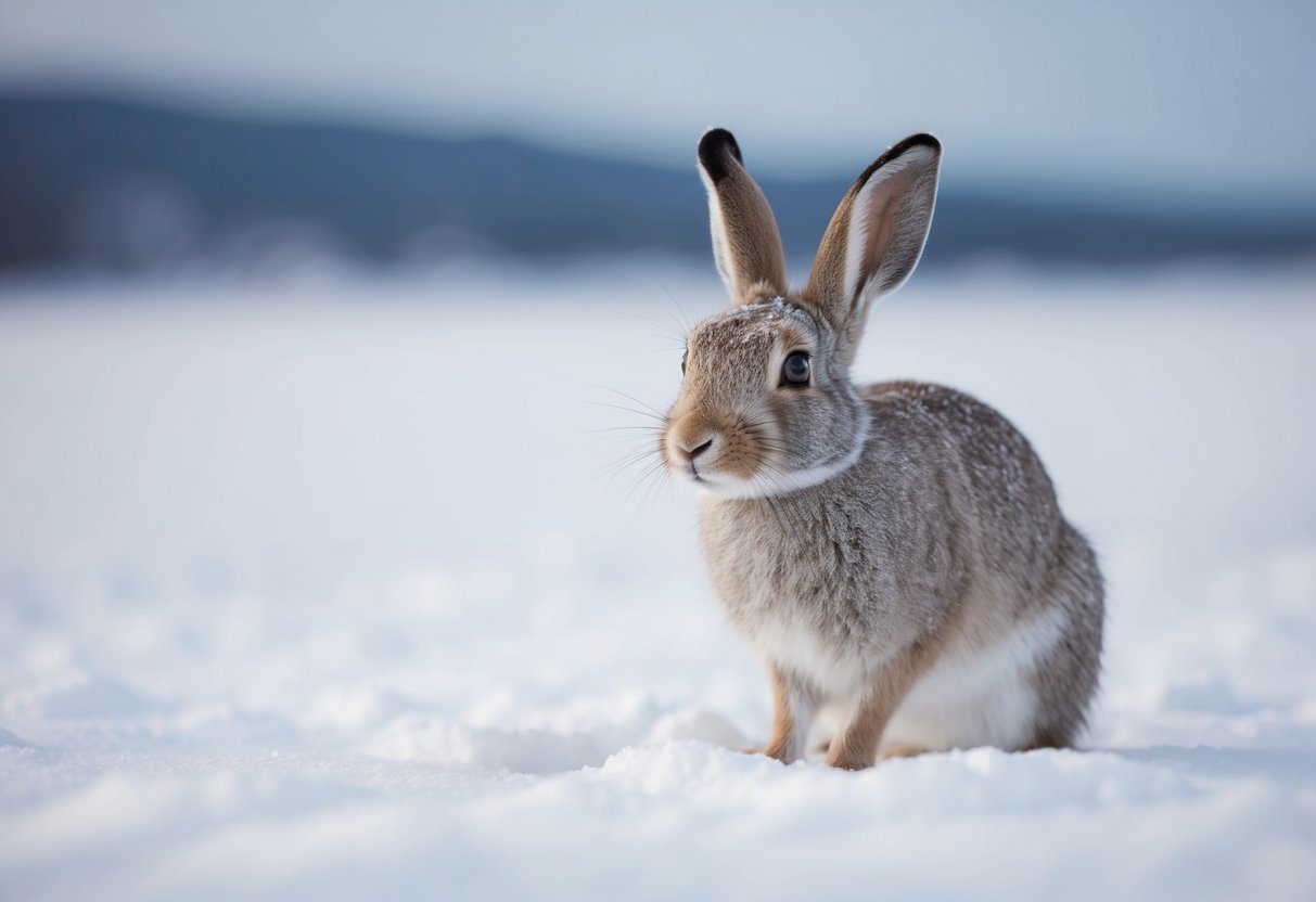 An arctic hare peers intently across the snowy landscape, its large, alert eyes scanning for any signs of danger