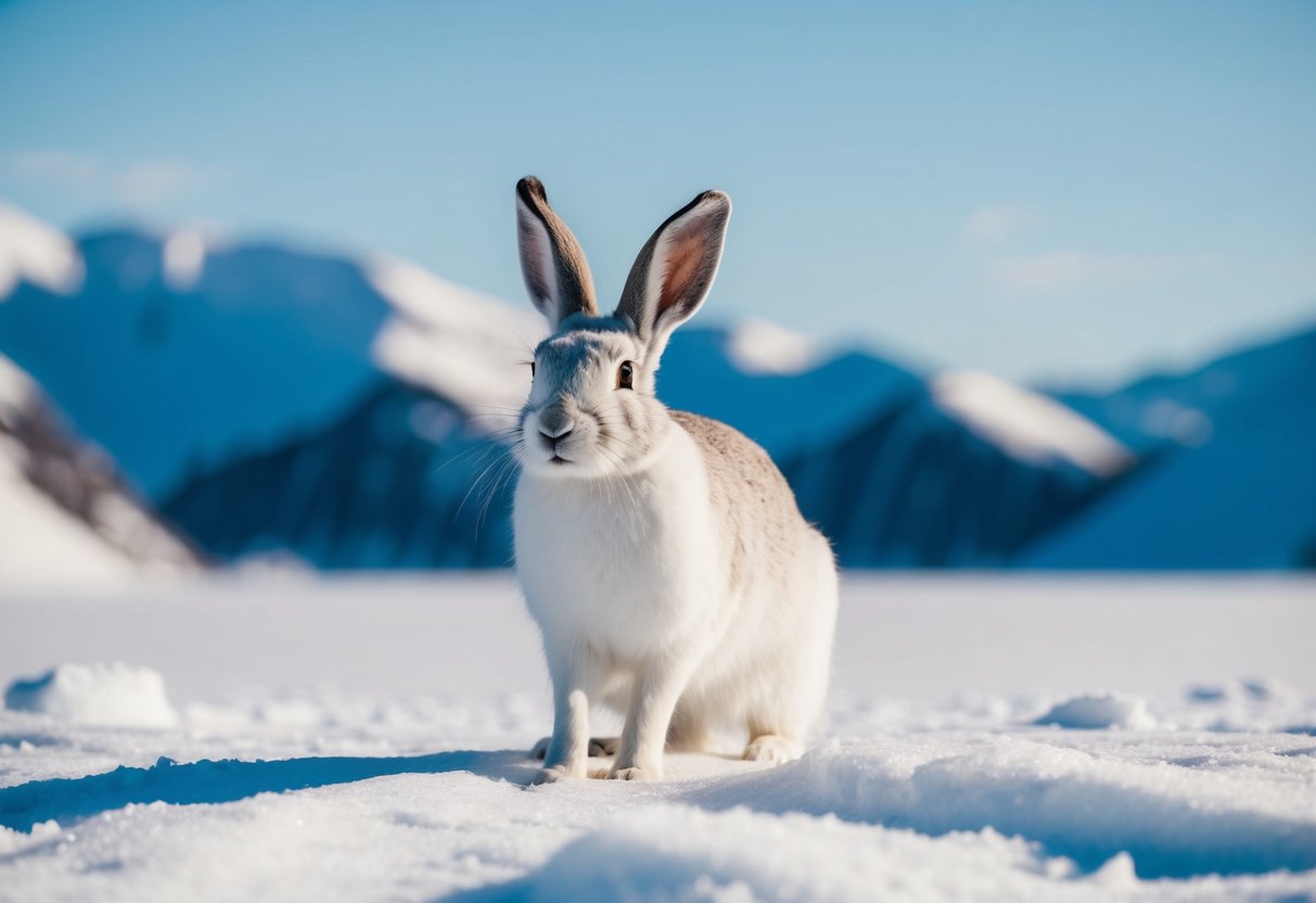 An arctic hare stands in a snowy landscape, surrounded by icy mountains and a clear blue sky