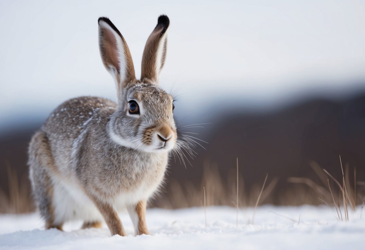 An arctic hare with large, alert eyes scanning its snowy surroundings for predators
