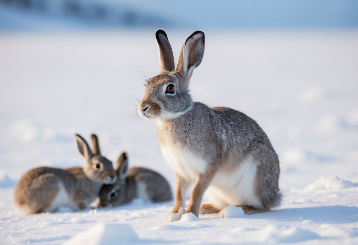 An arctic hare stands alert, scanning the snowy tundra with its keen eyesight, while others huddle together in their snowy habitat