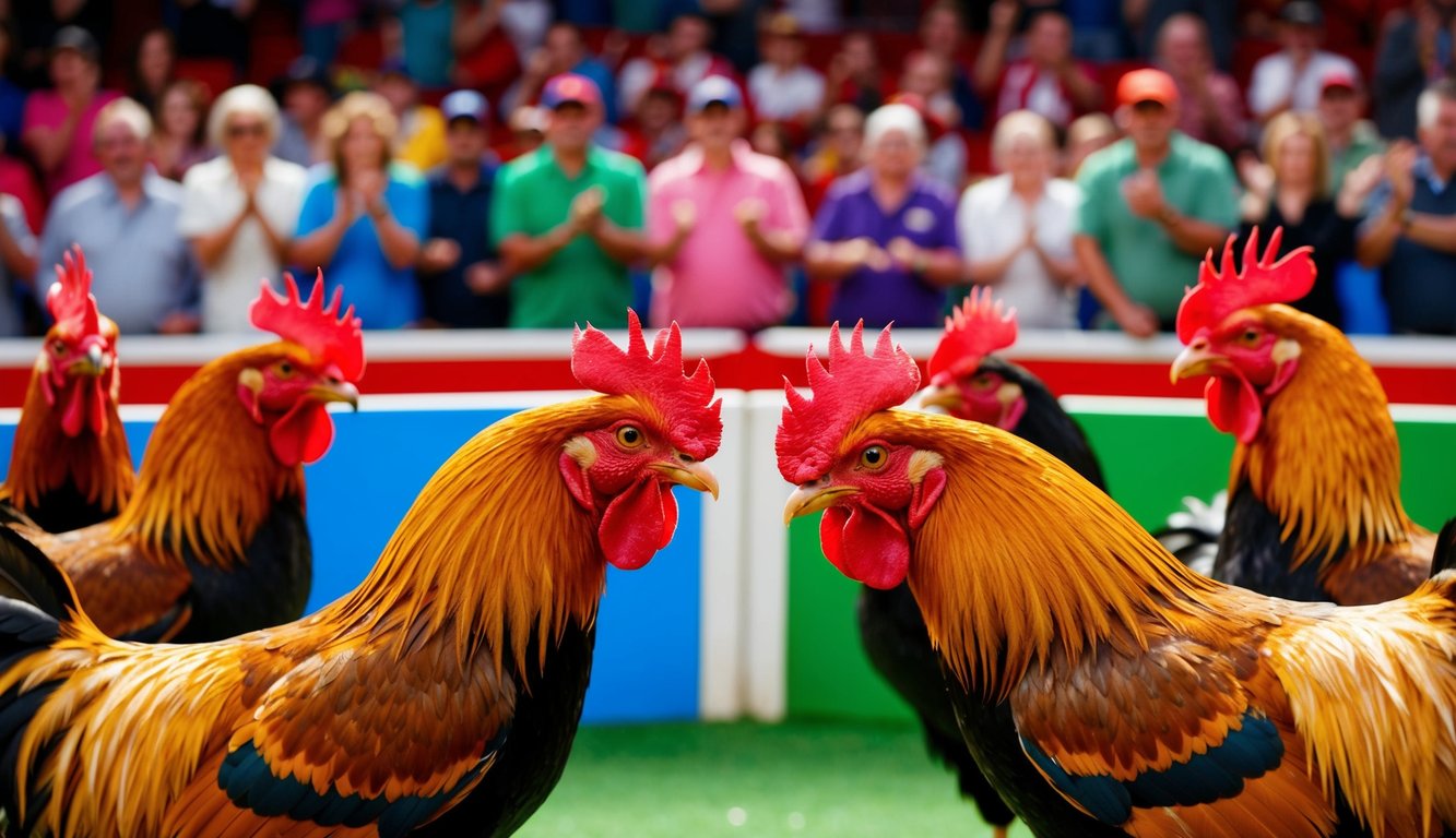 Sekelompok ayam jantan saling berhadapan di arena yang penuh warna dan ramai, dikelilingi oleh penonton yang bersorak dan suasana yang hidup.