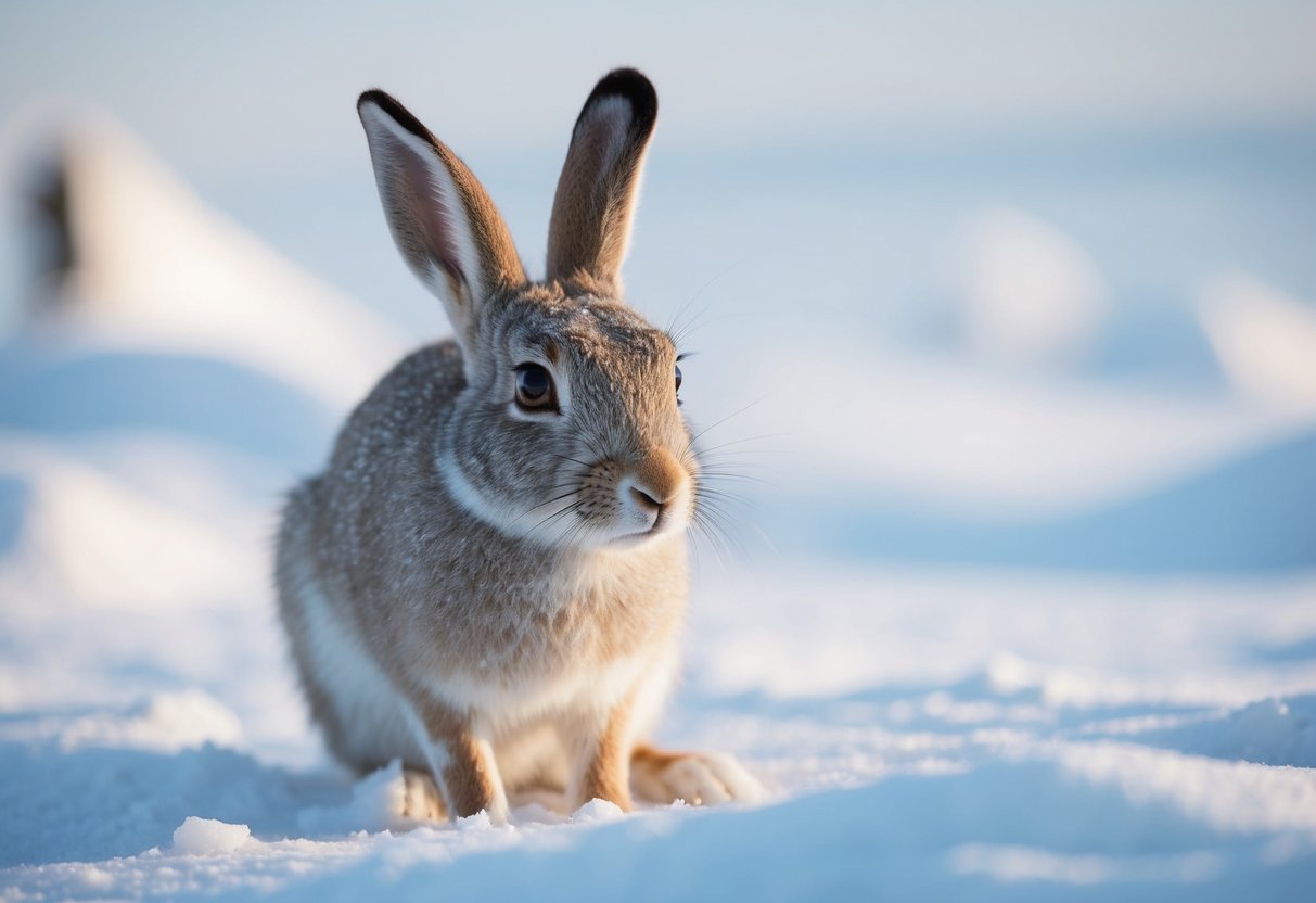 An arctic hare cautiously scans its surroundings for predators, its large, alert eyes taking in the snowy landscape