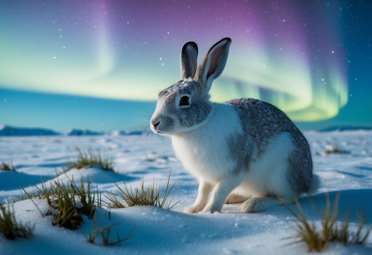 An arctic hare nibbles on grass under the northern lights, its fur thick and white against the snowy landscape