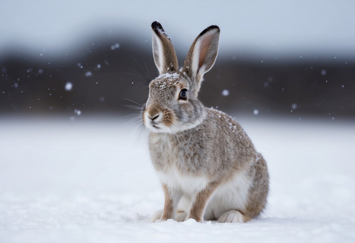 An arctic hare sits alert in the snow, its large eyes scanning the horizon for potential predators. Snowflakes fall gently around it as it remains vigilant in its icy habitat