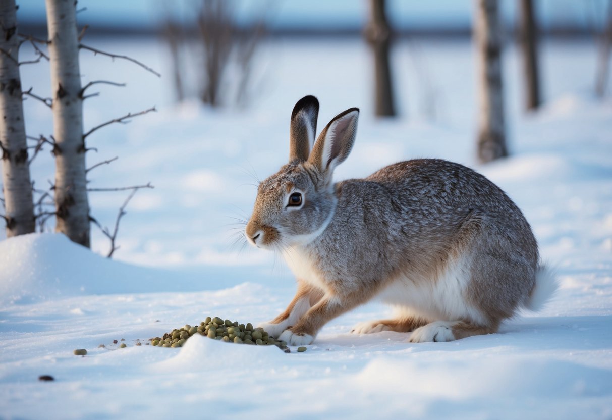An arctic hare foraging for food in the snowy tundra, surrounded by barren trees and a cold, harsh landscape