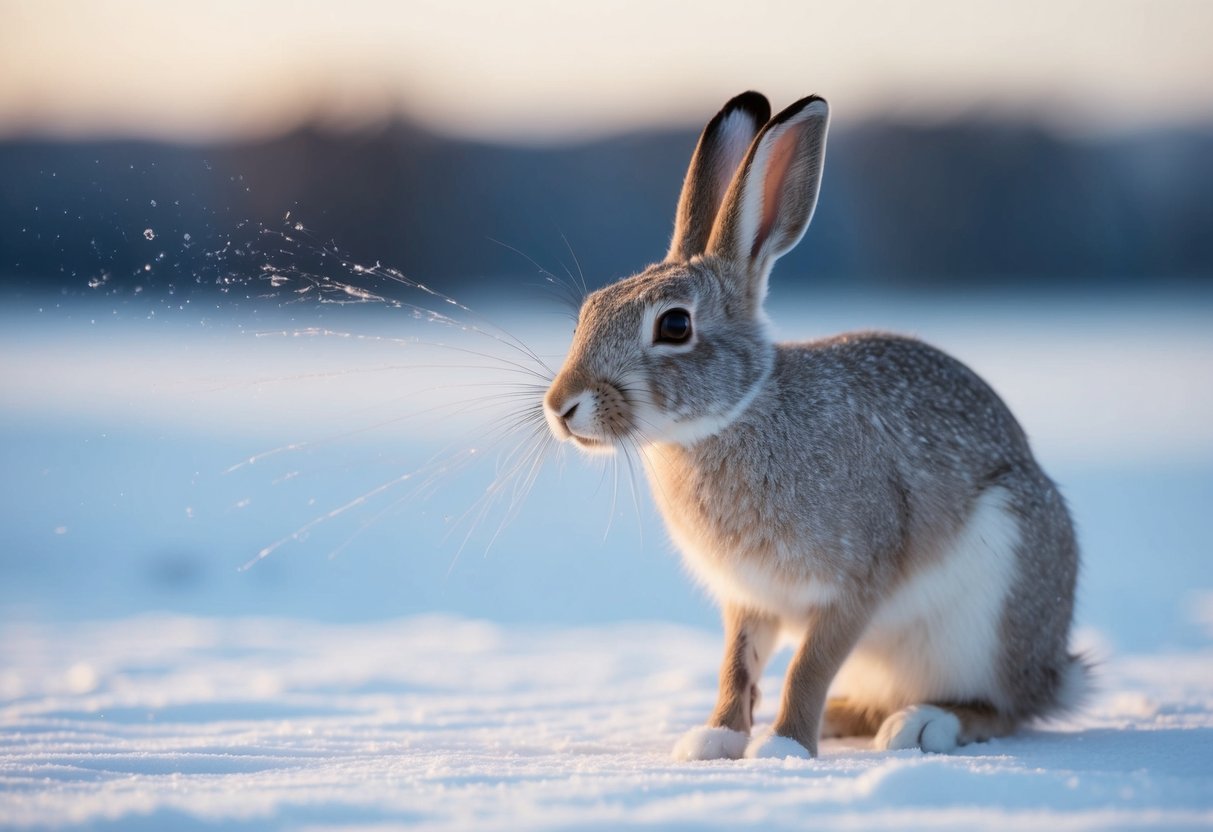 An arctic hare sniffs the air, its nose twitching as it detects scents in the snowy landscape