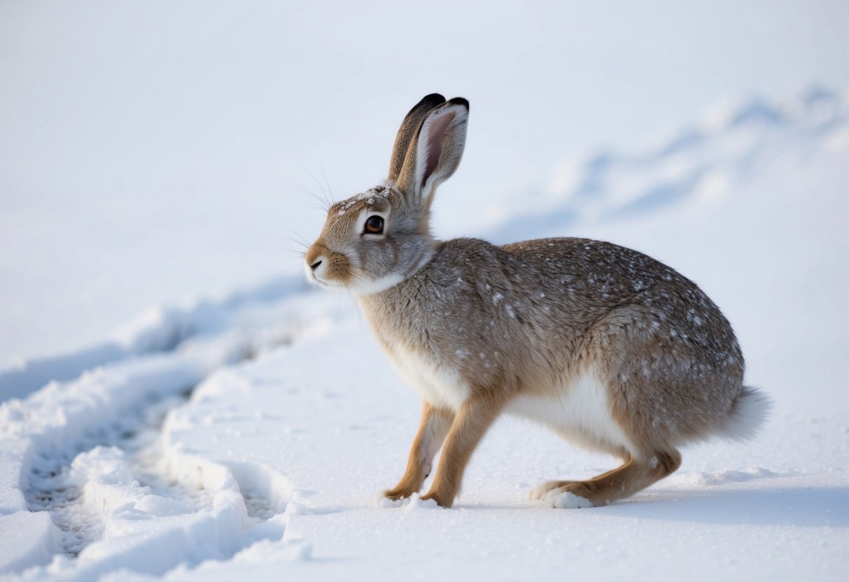 An arctic hare stands alert in the snow, surrounded by the tracks of predators. It remains active year-round, avoiding hibernation to stay vigilant against potential threats