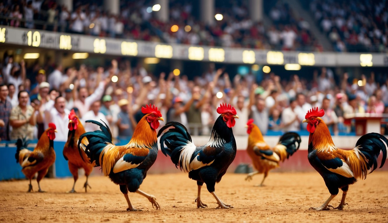 Sebuah arena yang ramai dengan kerumunan yang bersorak dan ayam jantan berwarna-warni di tengah pertarungan ayam yang meriah