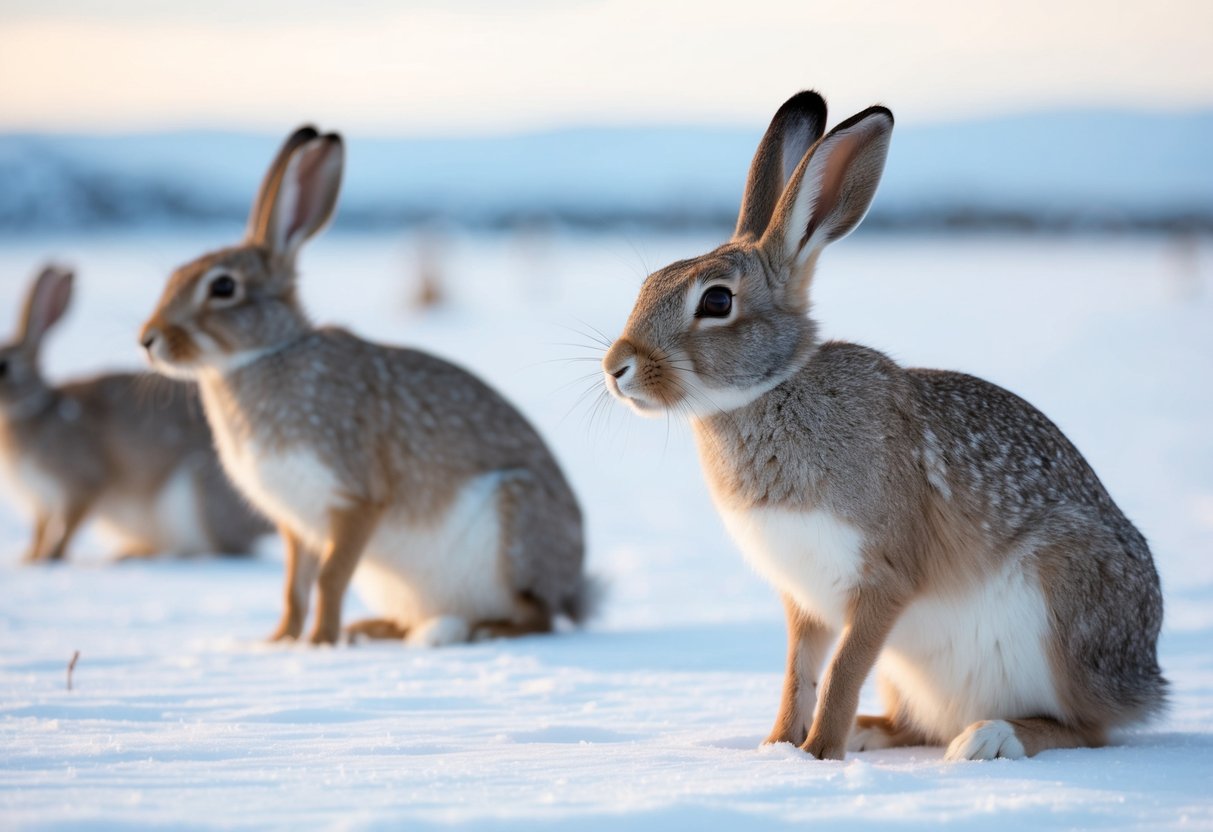 An arctic hare sniffs the air, surrounded by a snowy landscape and other hares in a hierarchical social structure