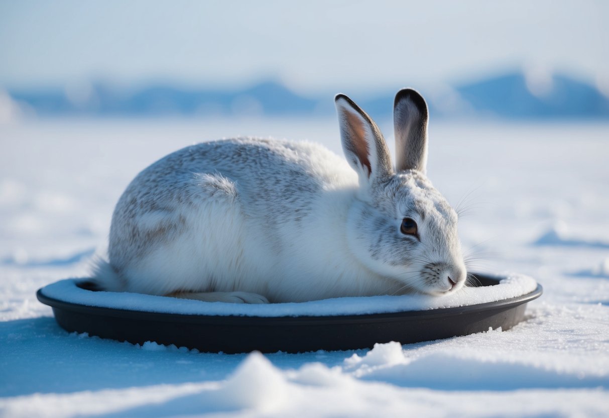An arctic hare nestled in a shallow depression in the snowy tundra, its white fur blending seamlessly with the icy landscape as it curls up for a rest