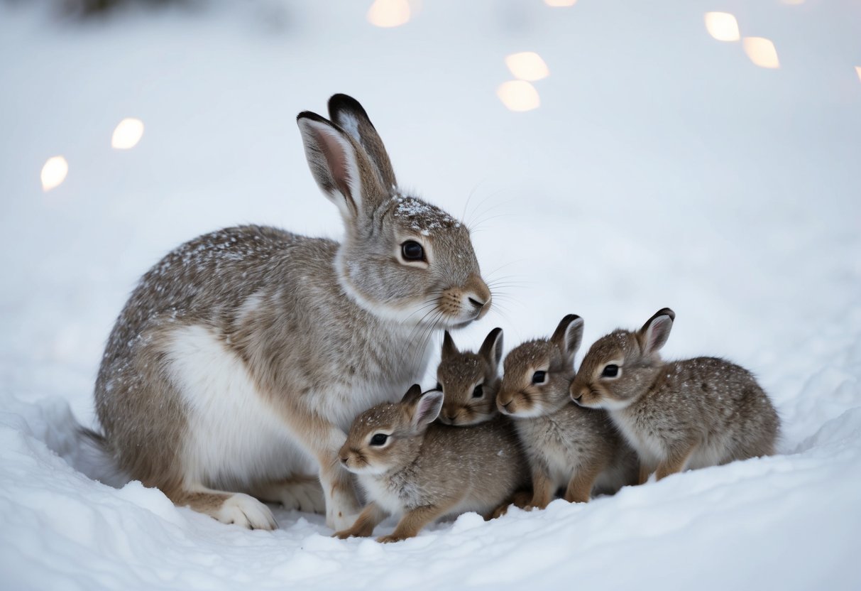 An arctic hare nursing a litter of leverets in a snowy burrow