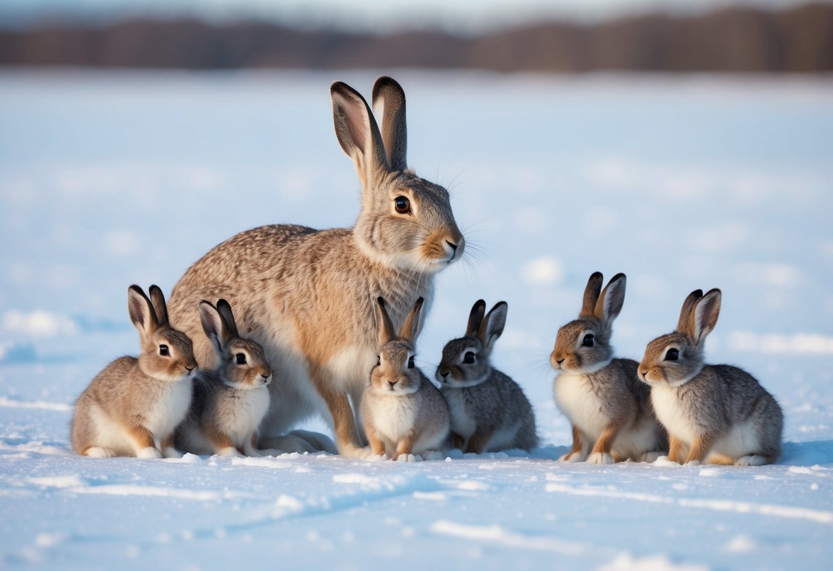 An Arctic hare mother surrounded by several adorable baby hares in a snowy, tundra landscape