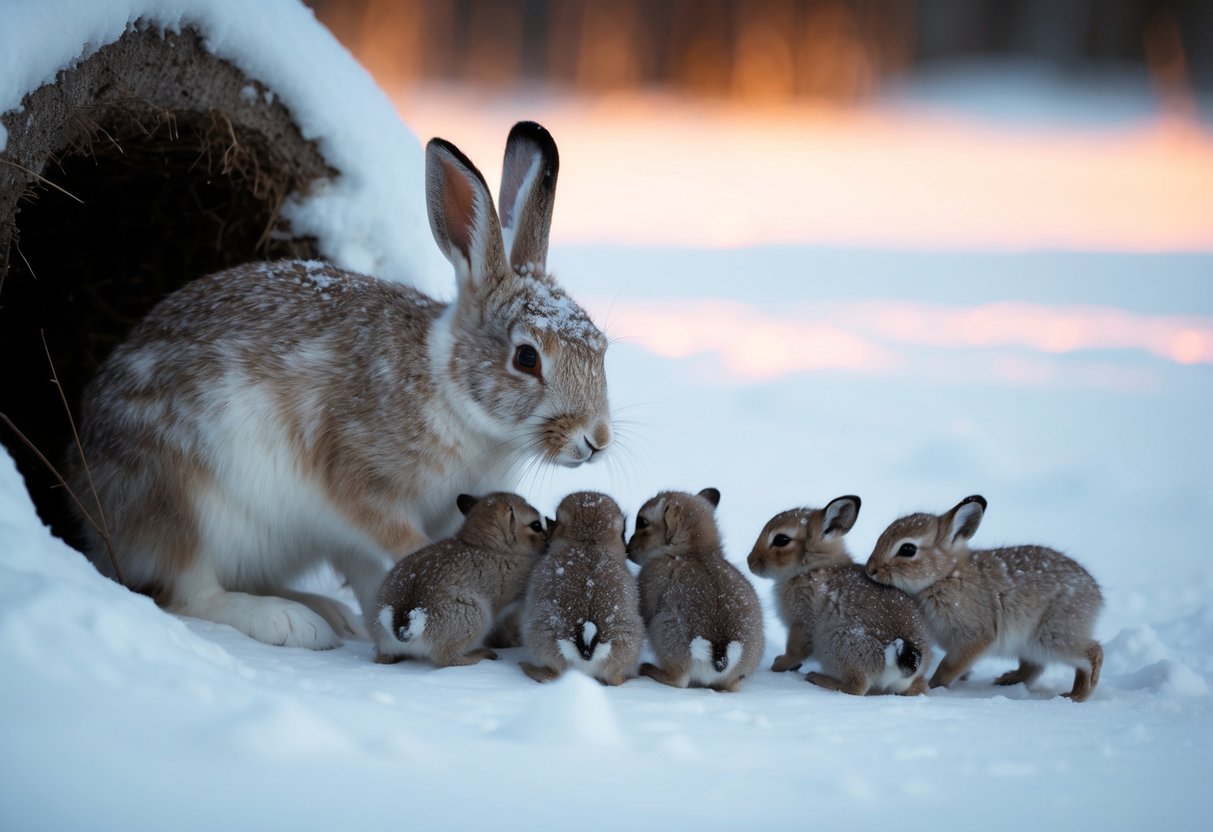 An arctic hare nursing a litter of 6-8 babies in a snowy burrow