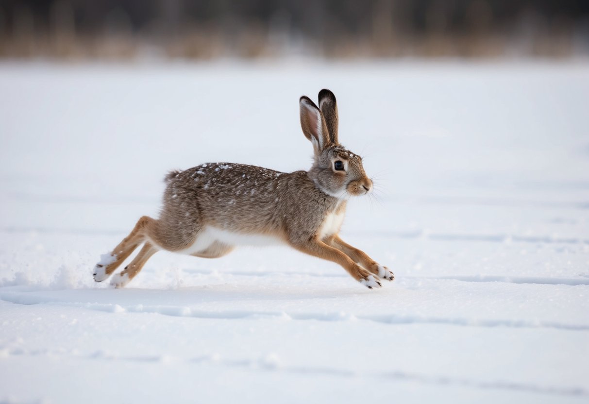A snow hare races across a snowy field, its long legs propelling it forward with incredible speed