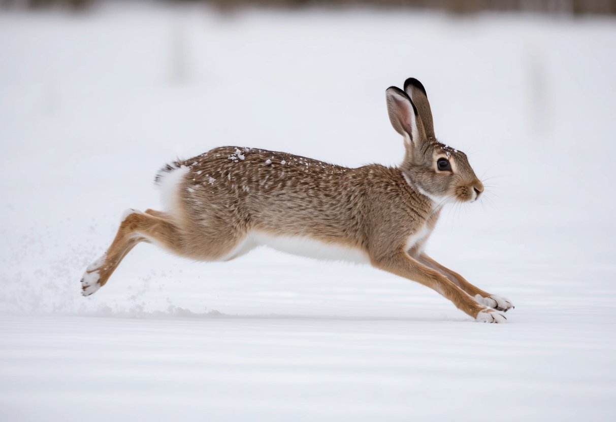 A snow hare sprints across a snowy field, its long legs propelling it forward with incredible speed