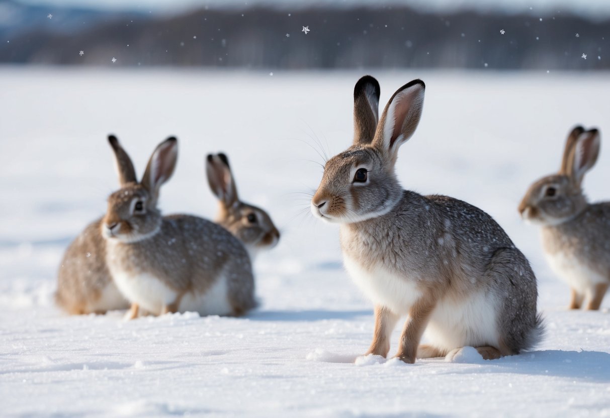 An arctic hare with black-tipped ears stands on snowy tundra, surrounded by other hares. Snowflakes fall gently from the sky