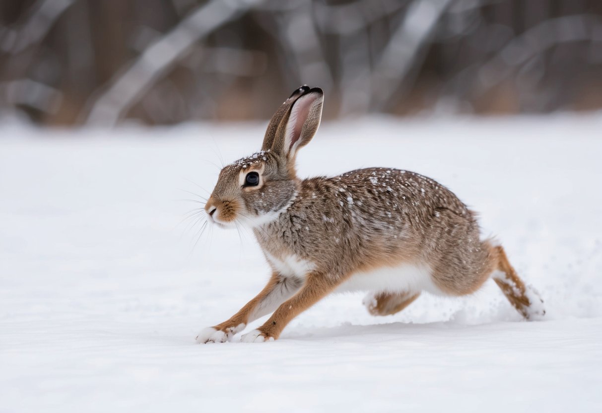 A snow hare darts through a snowy landscape, its powerful hind legs propelling it forward in a swift and agile manner